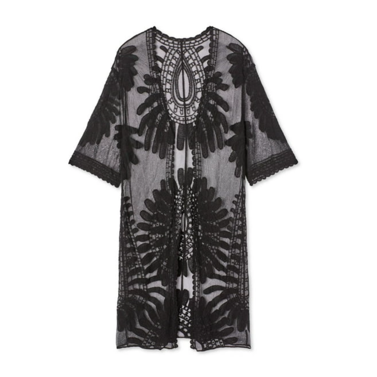 Black lace kimono cover-up with ornate palm leaf pattern and three-quarter length sleeves.