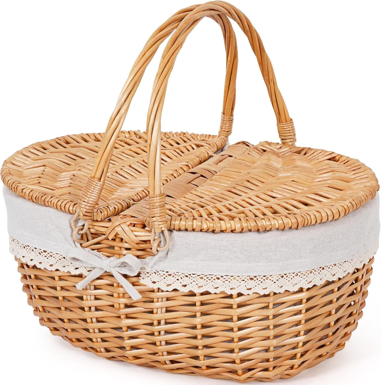 Empty vintage style woven wicker picnic basket with white cloth lining photographed at different angles and viewpoints.