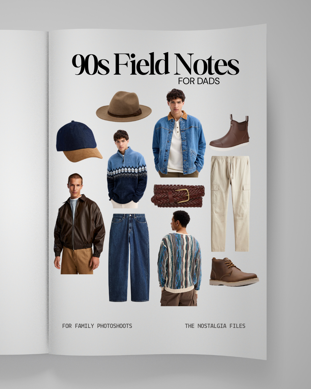 Fashion mood board featuring 90s dad style clothing items including jeans, sweaters, boots, hats and casual outerwear.