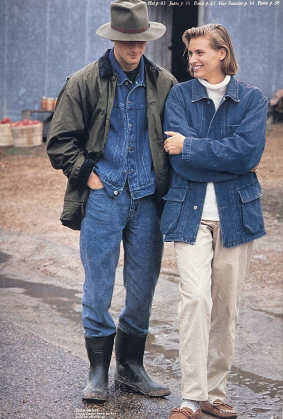 Row of fashion photographs showing people in denim jackets and casual wear on a wet outdoor surface.