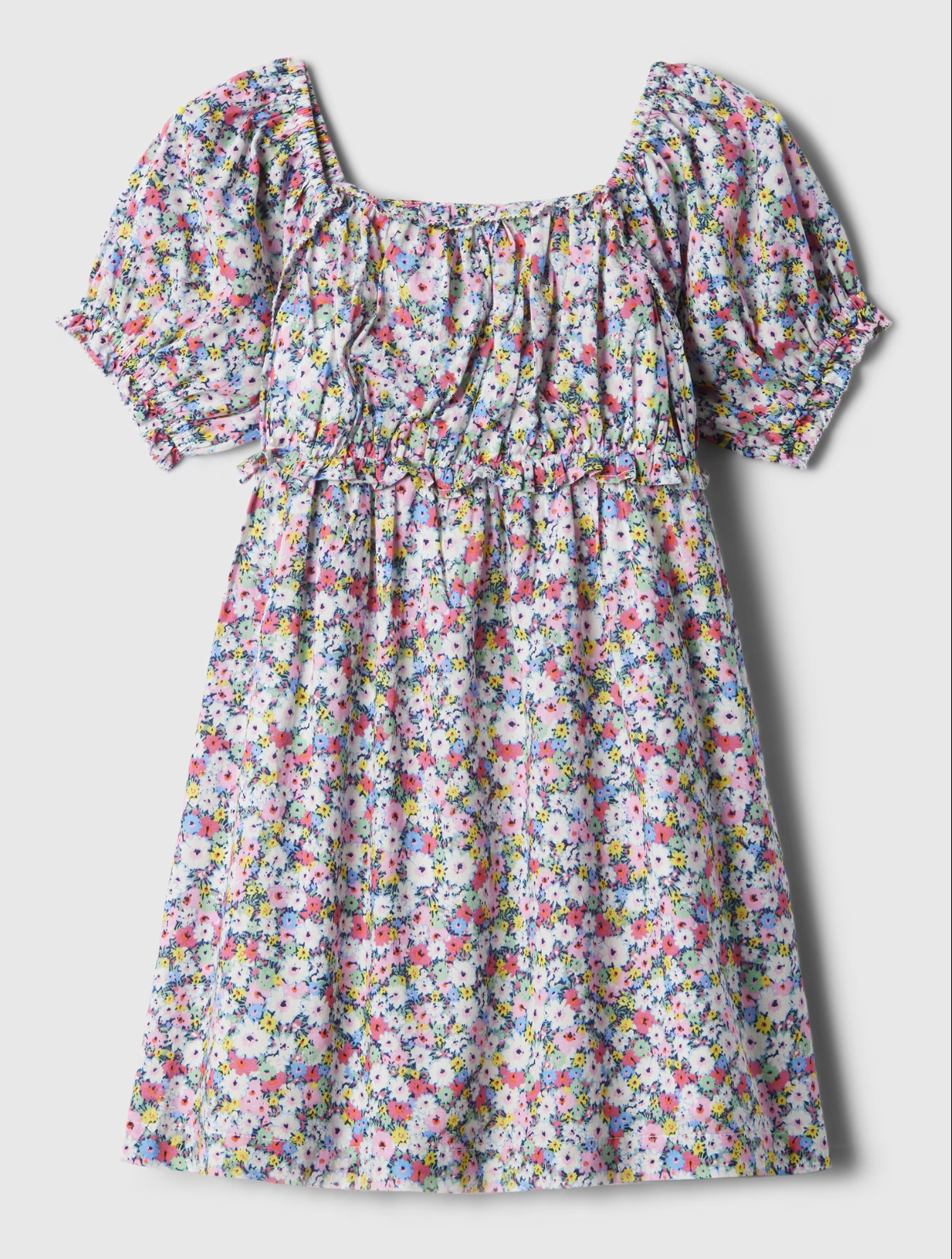 Floral print puff sleeve dress with gathered waist and square neckline displayed on white background.
