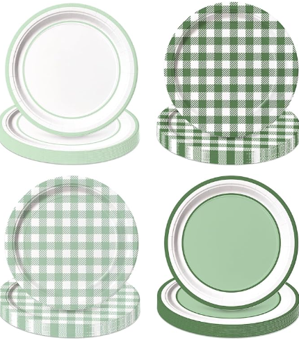 Repeating pattern of green and white gingham plaid plates and serving platters in various oval shapes.