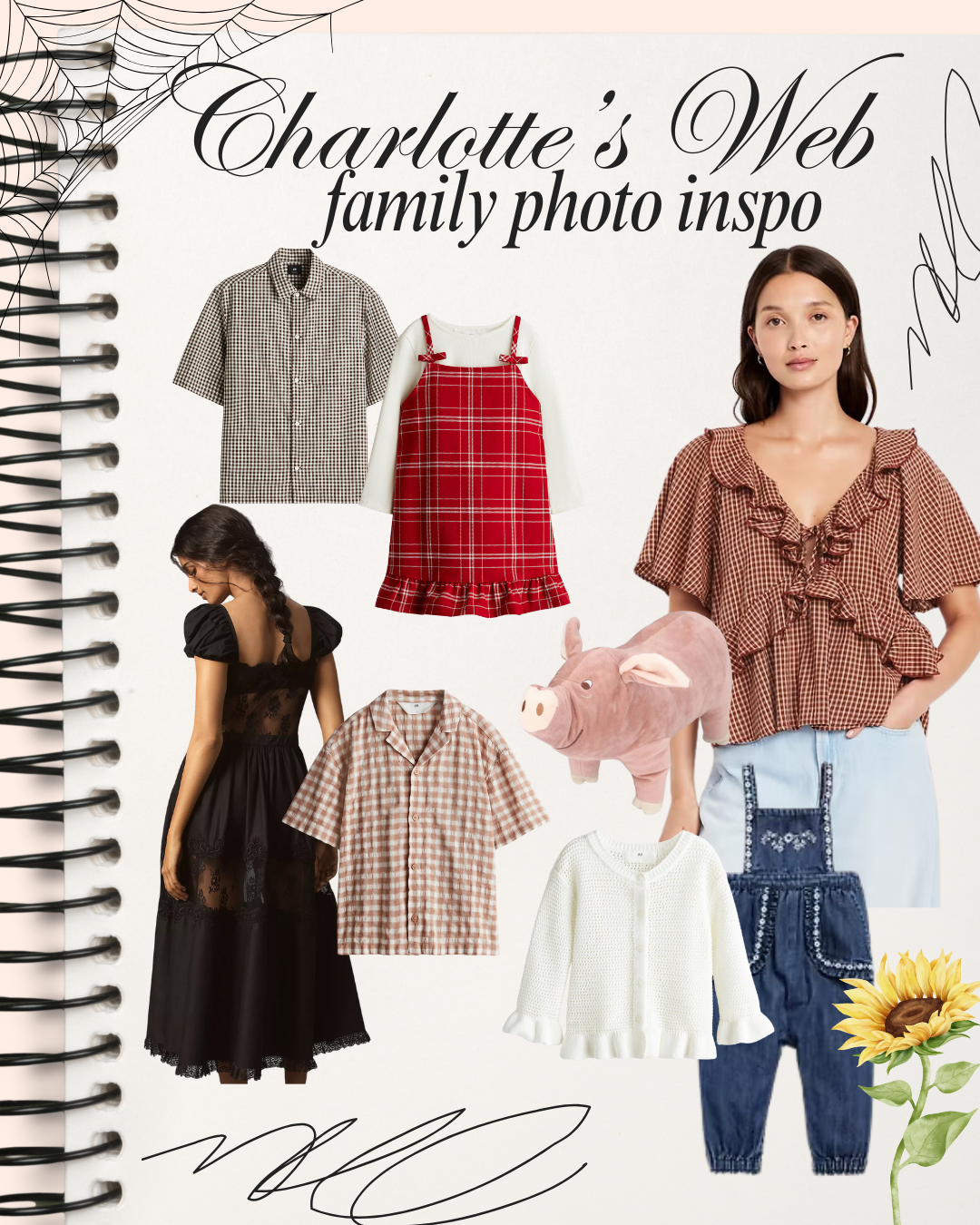 A fashion mood board featuring Charlotte's Web styled outfits with plaid tops, ruffled blouses, jeans, and peasant dresses.