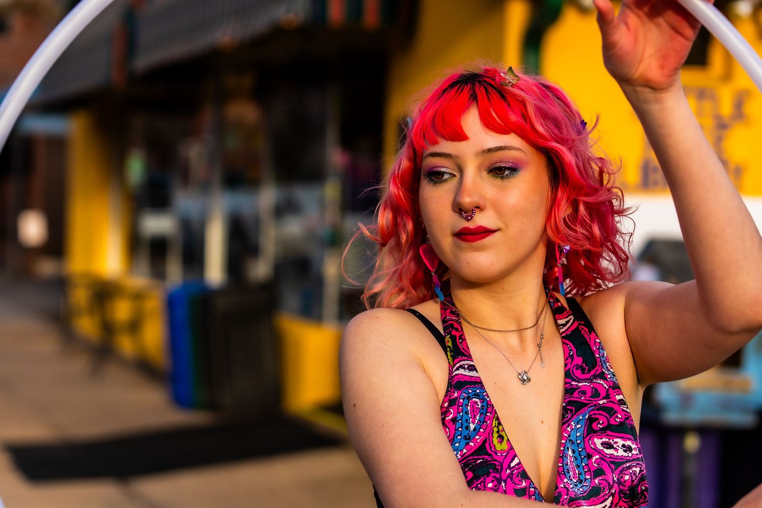 Woman performing art on the street in Boulder, Colorado.