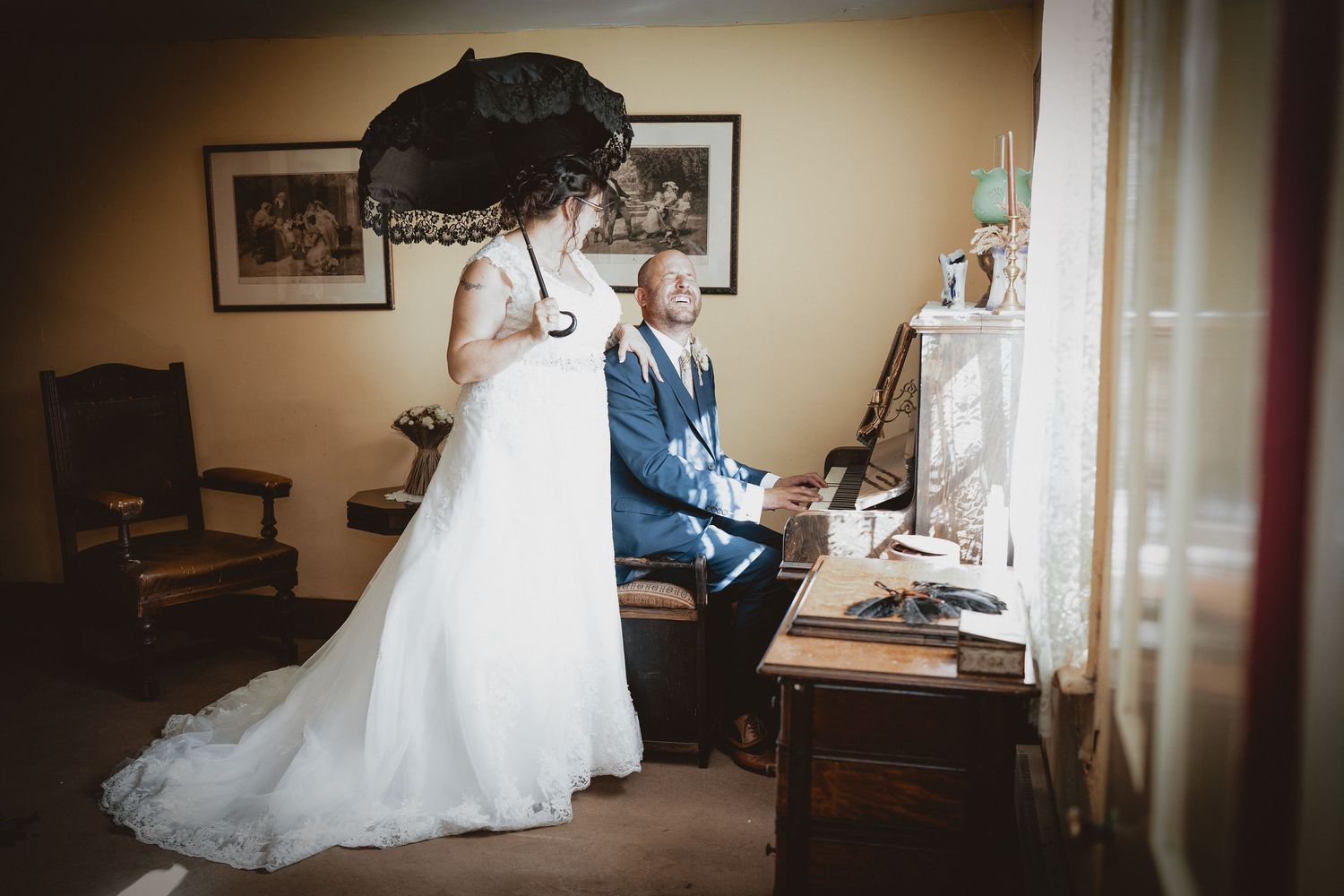 Artistic wedding day preparation shots in warm lighting and indoor setting.
