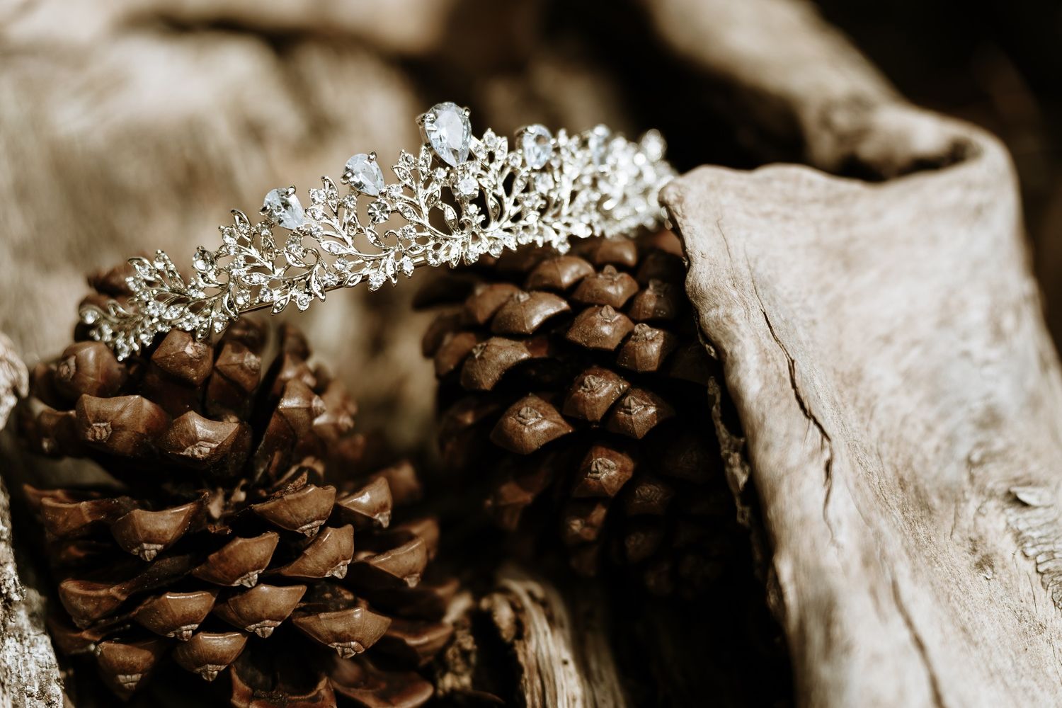 Close-up details of crystal wedding accessories and decorative elements.
