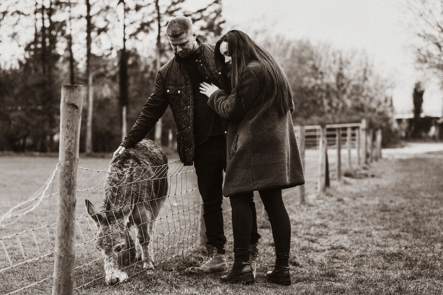 Vintage-style black and white photos of couple in outdoor setting.