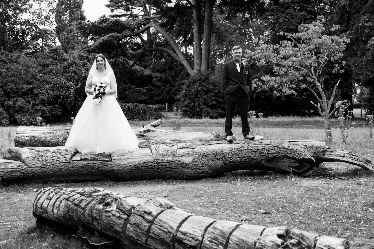 A series of artistic black and white wedding photos featuring a fallen tree trunk in a park.