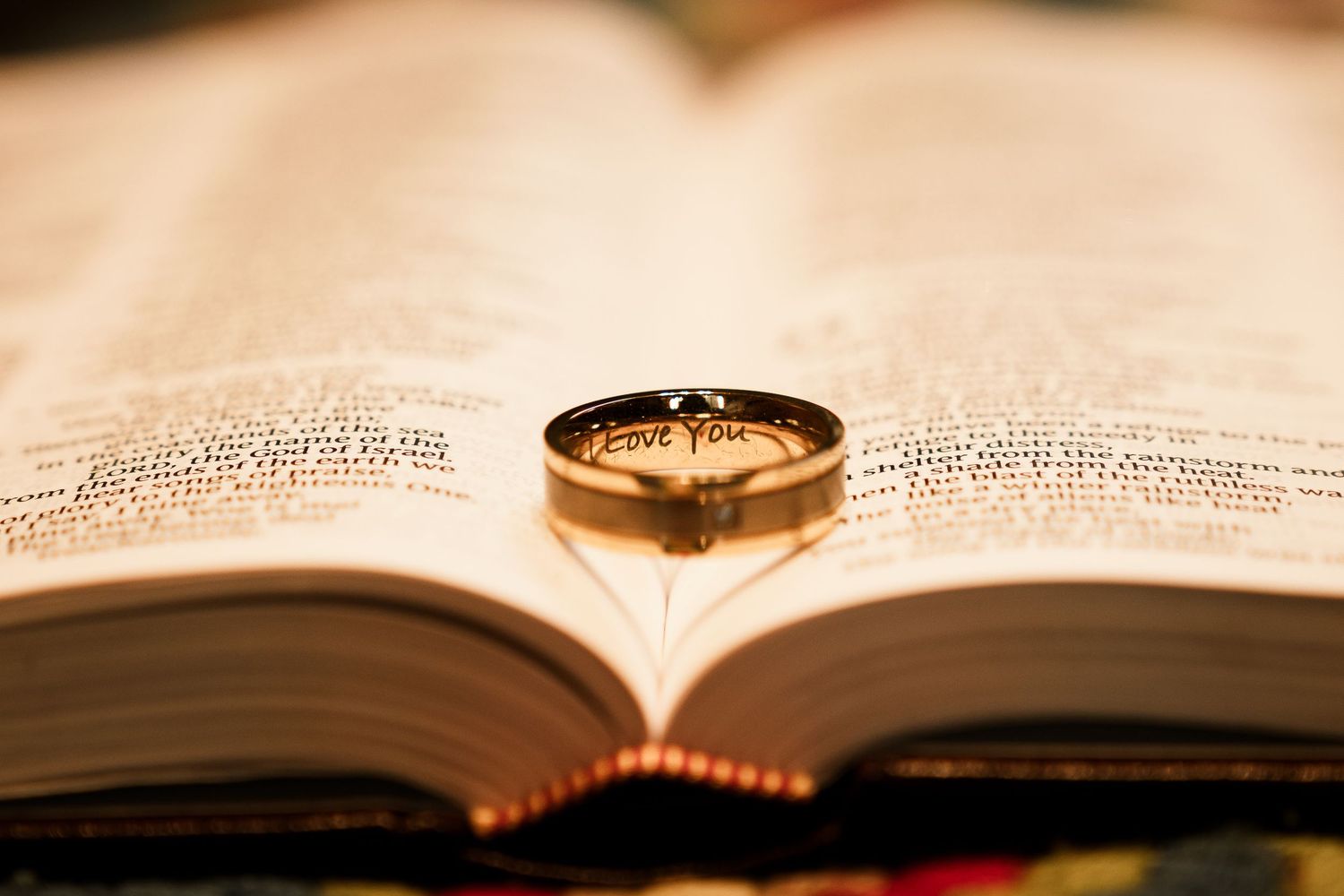 Open bible pages with text in soft focus lighting.