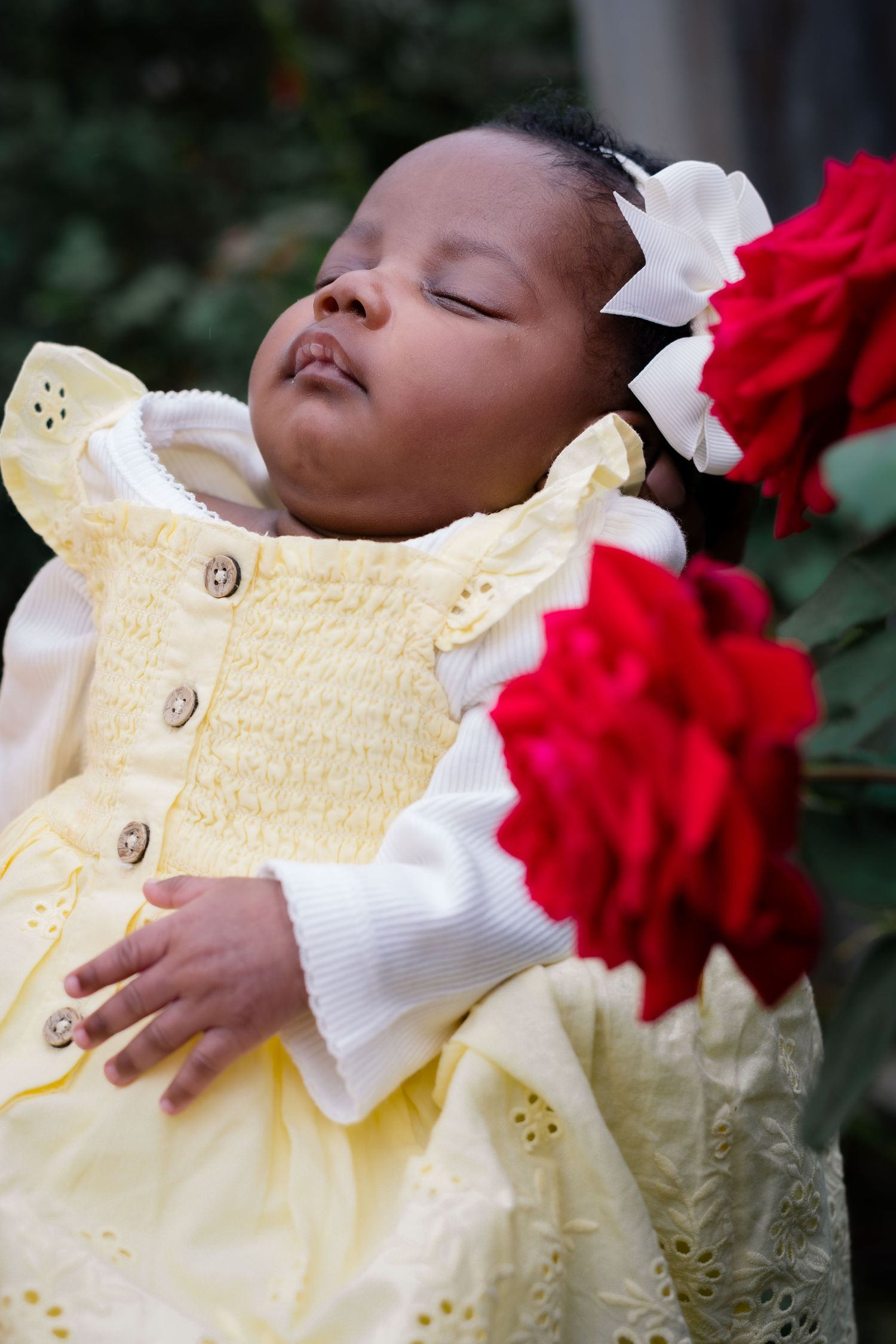 Baby wearing yellow dress with white ruffles rests peacefully next to red flowers.