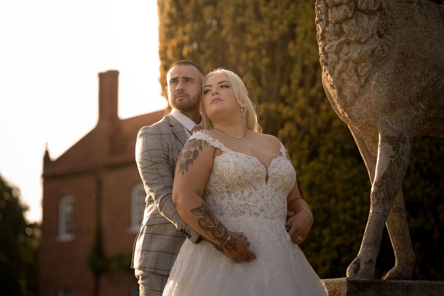 A romantic wedding photo sequence showing a couple embracing during golden hour in a garden setting.