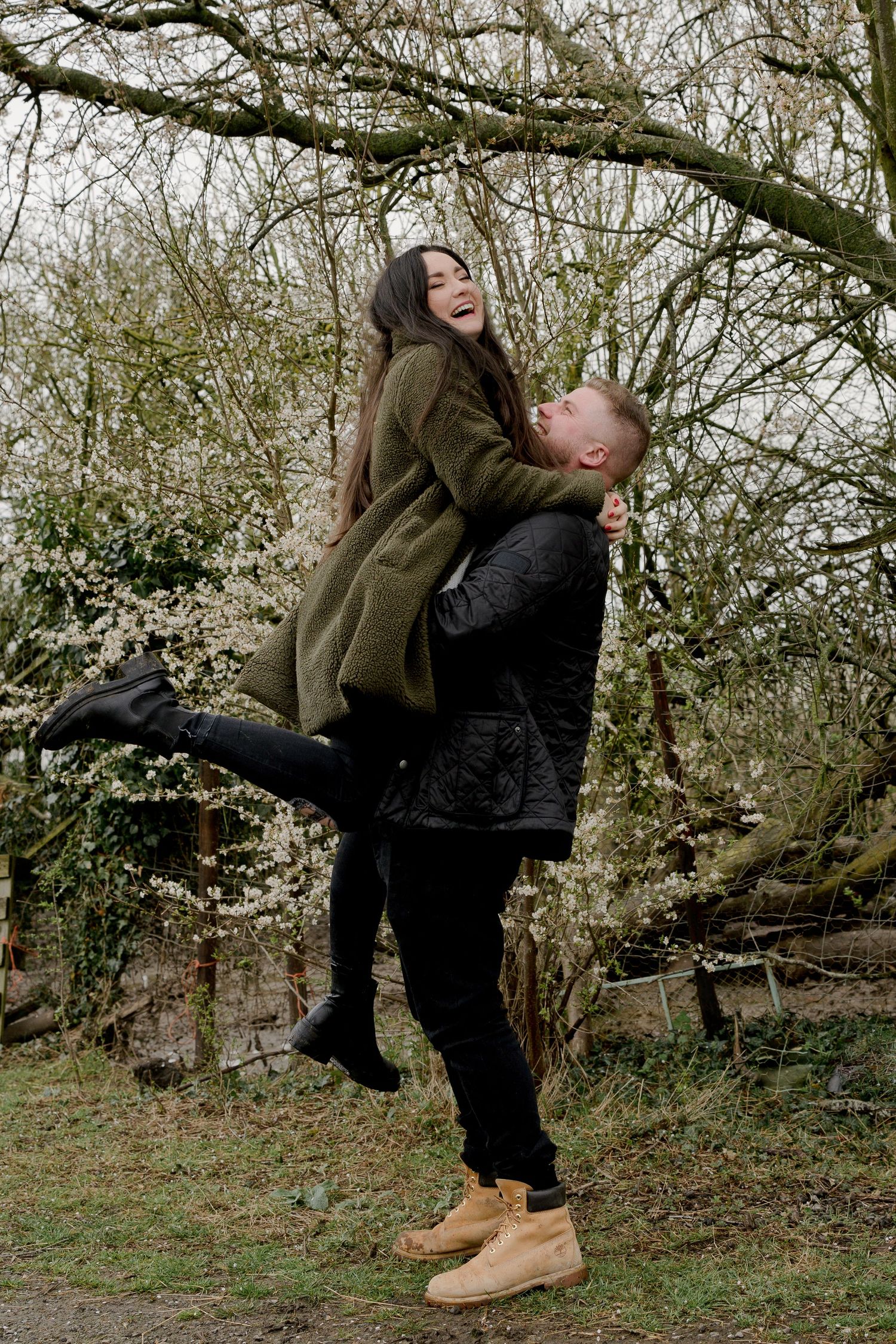 Romantic couple photoshoot sequence in a natural outdoor setting during autumn.