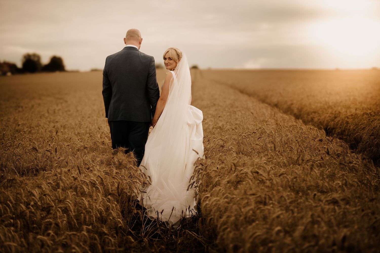 Romantic sepia-toned portraits of newlyweds in a wheat field.