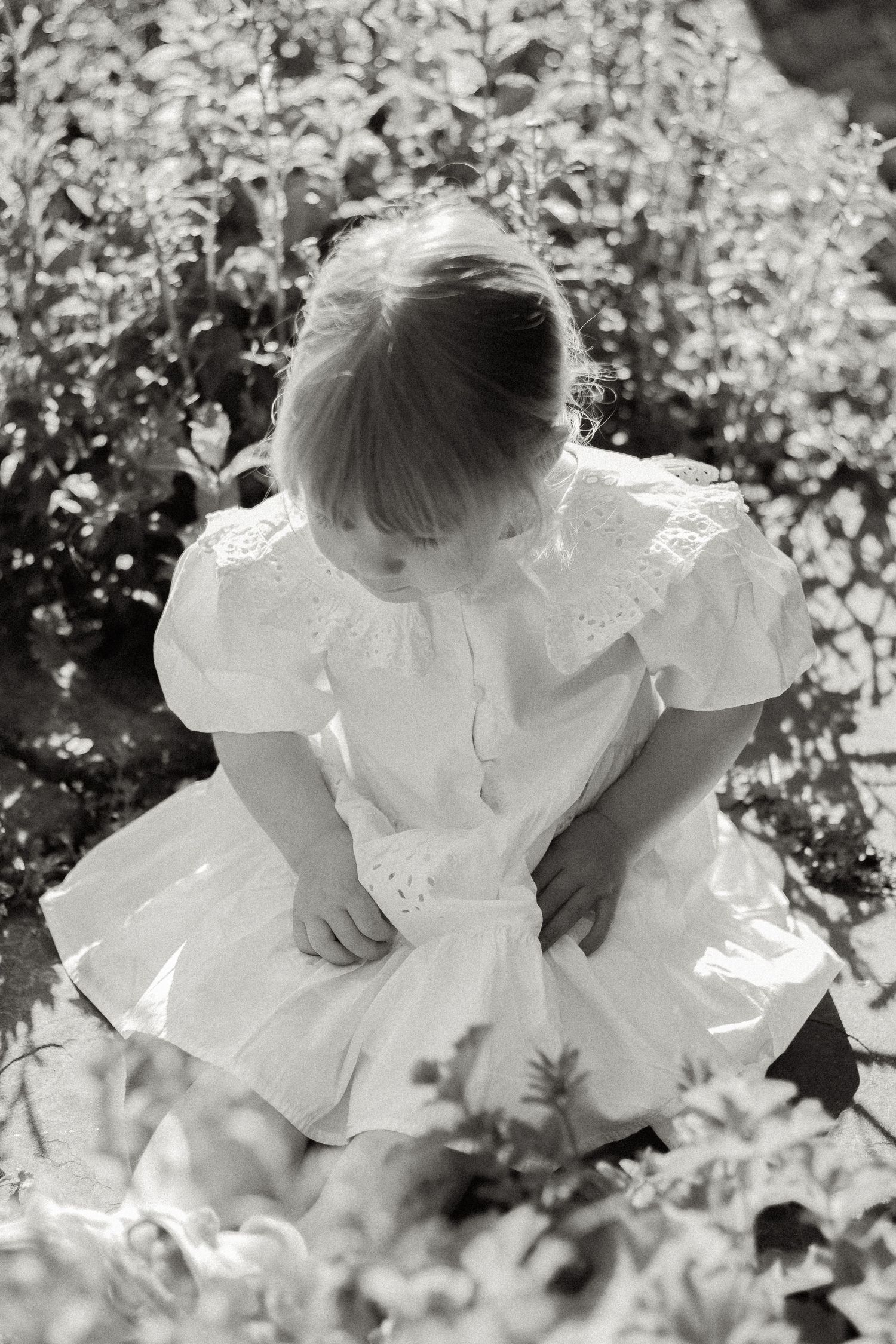 Black and white photo of a little girl in a white lace-collared dress sitting among sunlit garden plants and looking down.