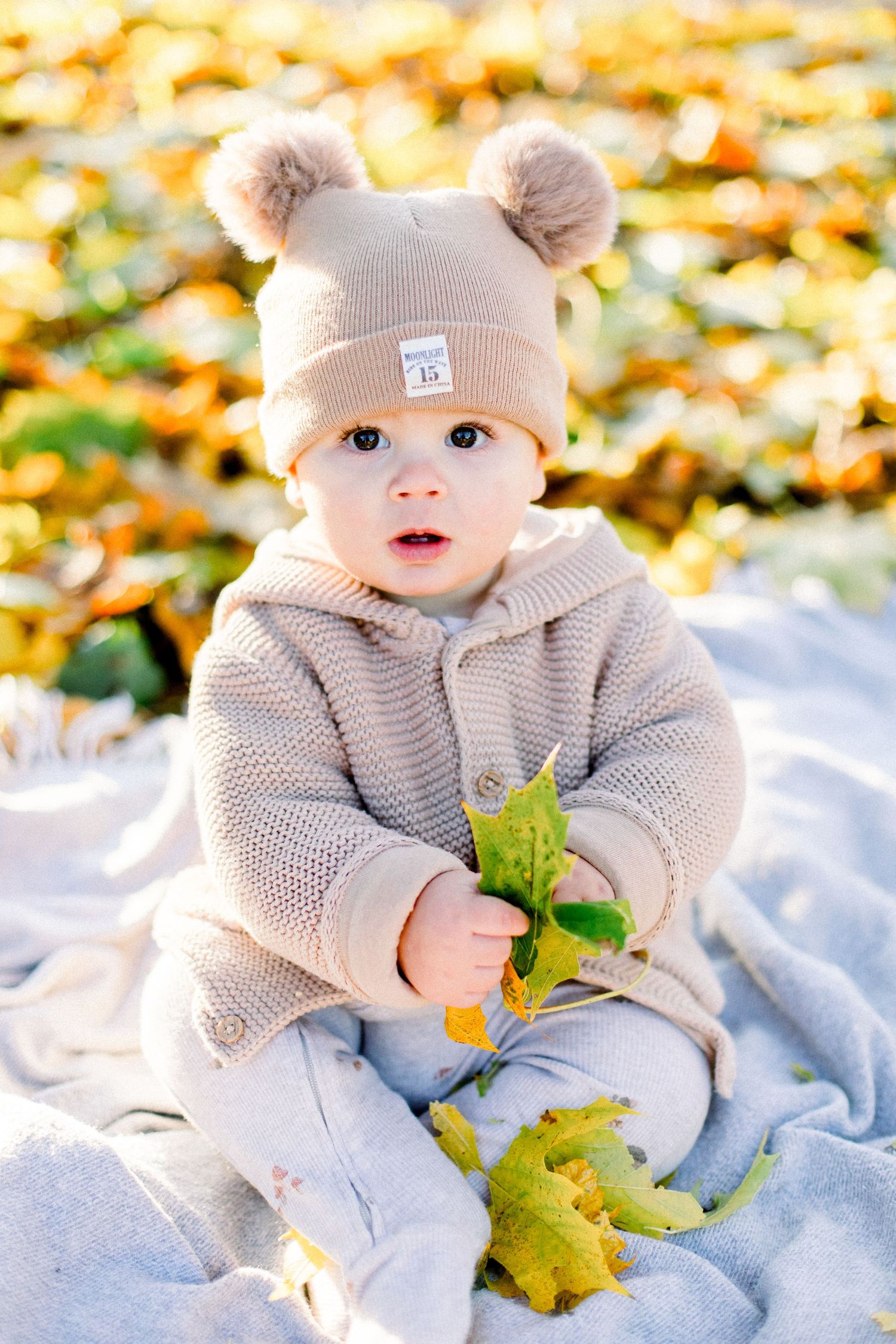 Baby wearing a beige sweater and bear hat holding colorful fall leaves outdoors.