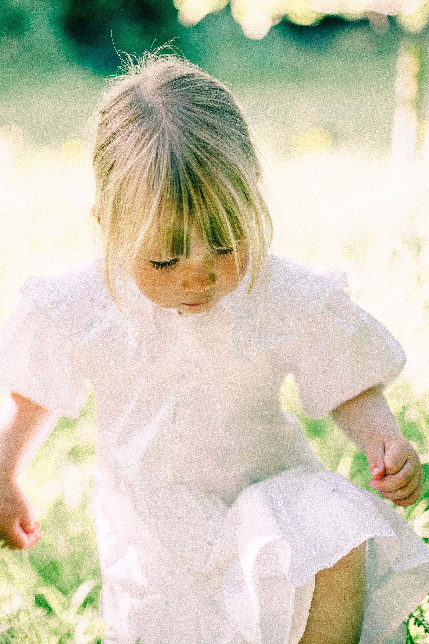 Young blonde girl with bangs in a white lace dress looks down while walking through a sunlit grassy meadow.