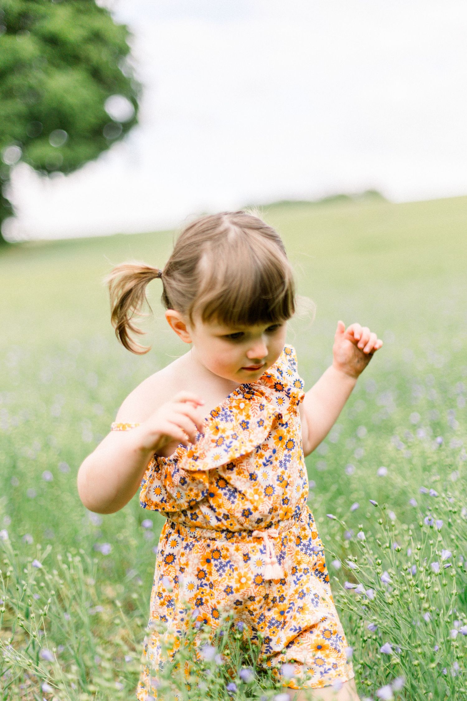 Toddler girl in floral yellow romper playing in a green meadow with wildflowers on a sunny day.