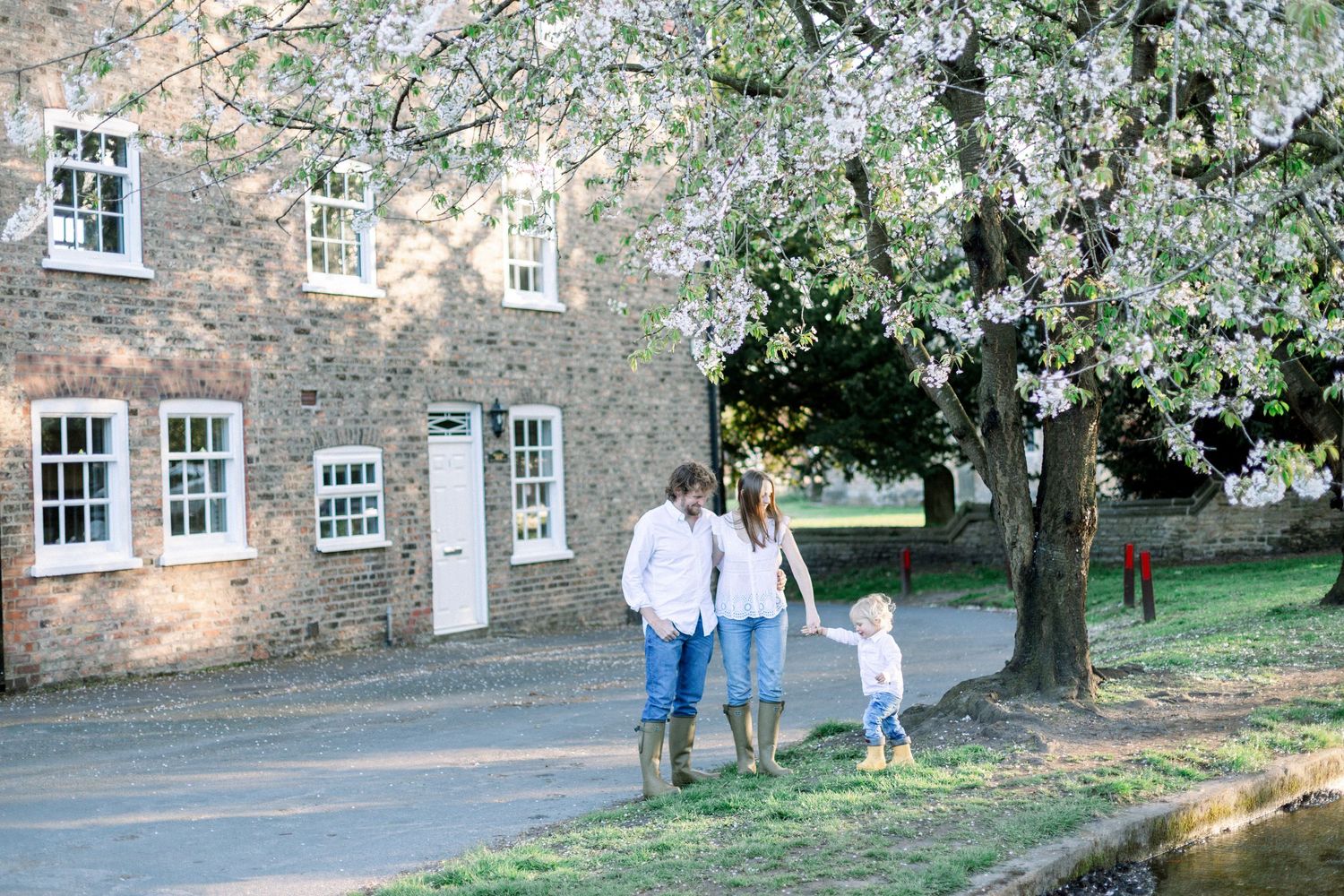 Family walking hand-in-hand under blossoming cherry tree beside brick cottage in spring.