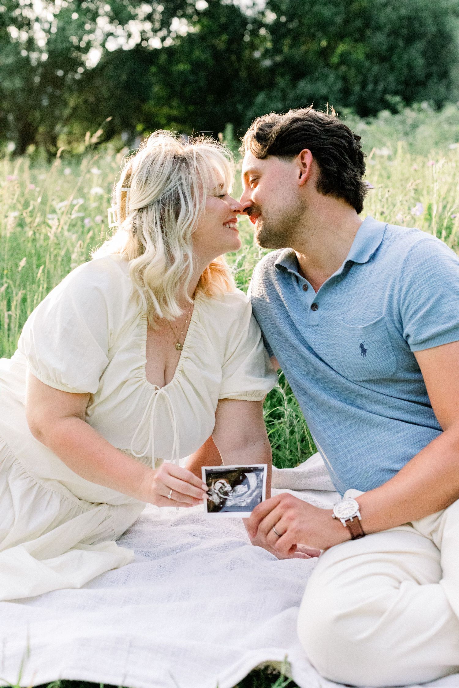 Golden hour pregnancy announcement photoshoot in the Yorkshire countryside.