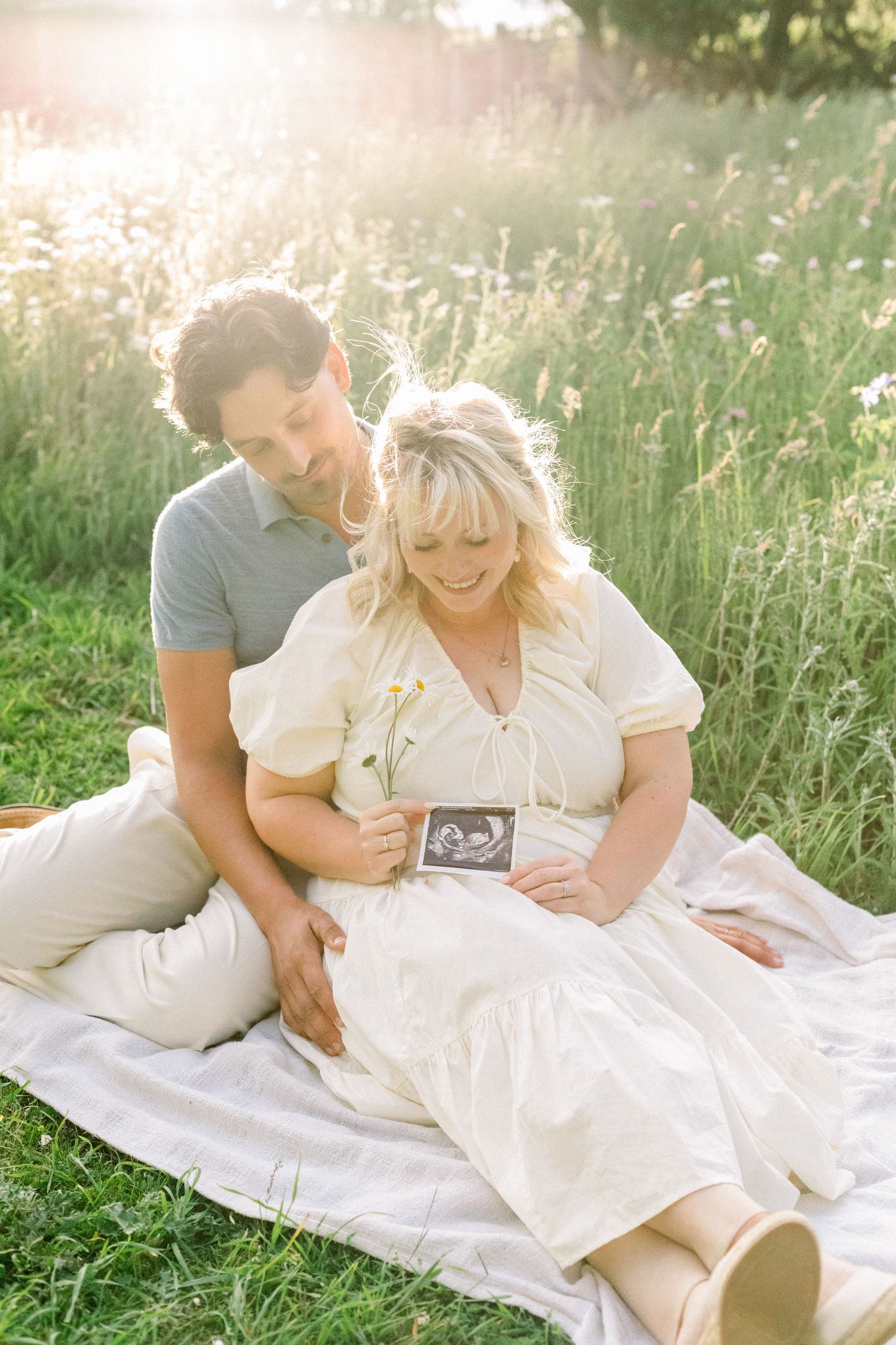 Golden hour pregnancy announcement photoshoot in the Yorkshire countryside.