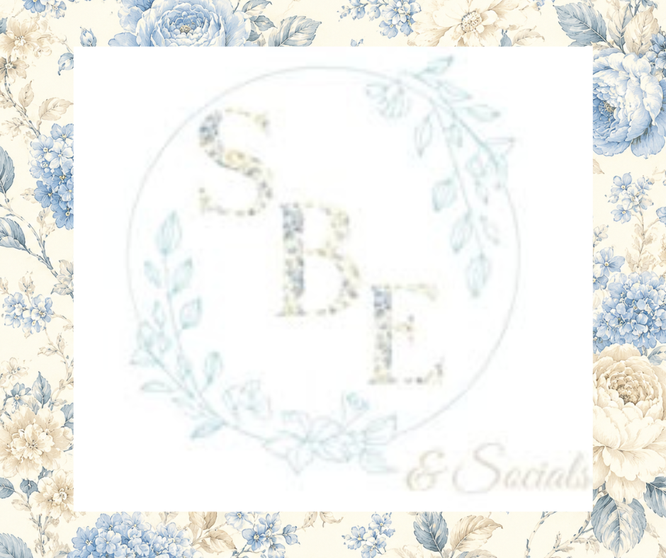 SBE & Socials elegant blue floral patterned branding background with centered logo.