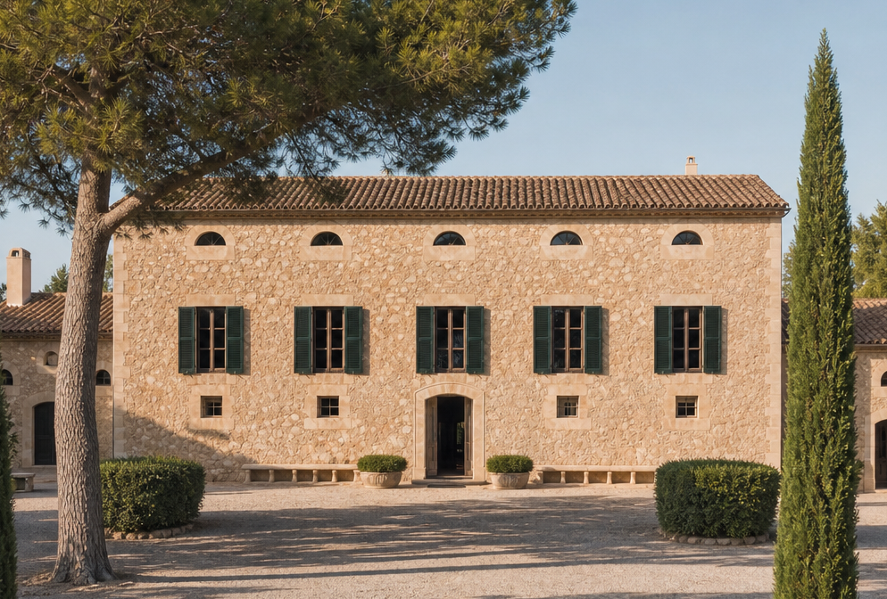 Sa Torre de Porreres. Rustic stone manor house with green shutters, cypress trees, and manicured hedges in a sunny Mediterranean setting.