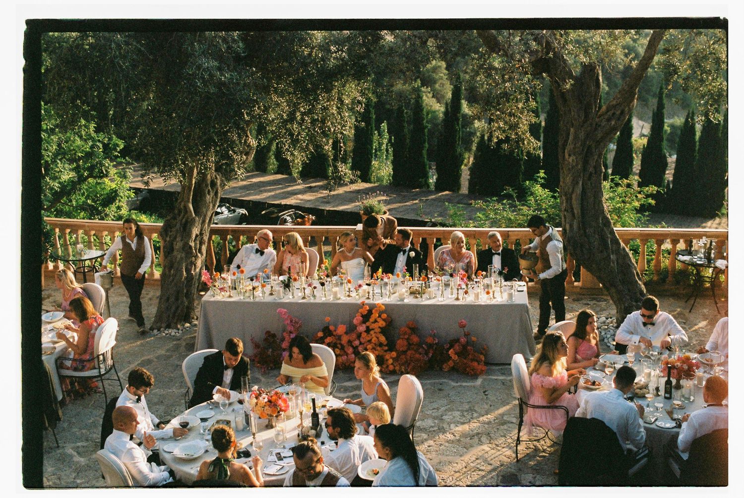 Wedding guests seated at outdoor reception tables under string lights and trees.