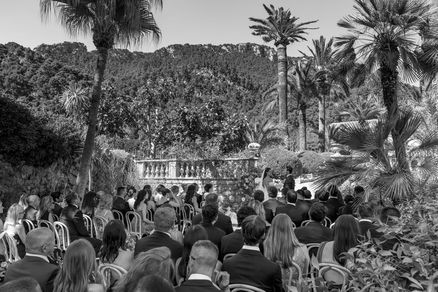 Black and white outdoor wedding ceremony with guests seated in a lush garden surrounded by palm trees and mountains.