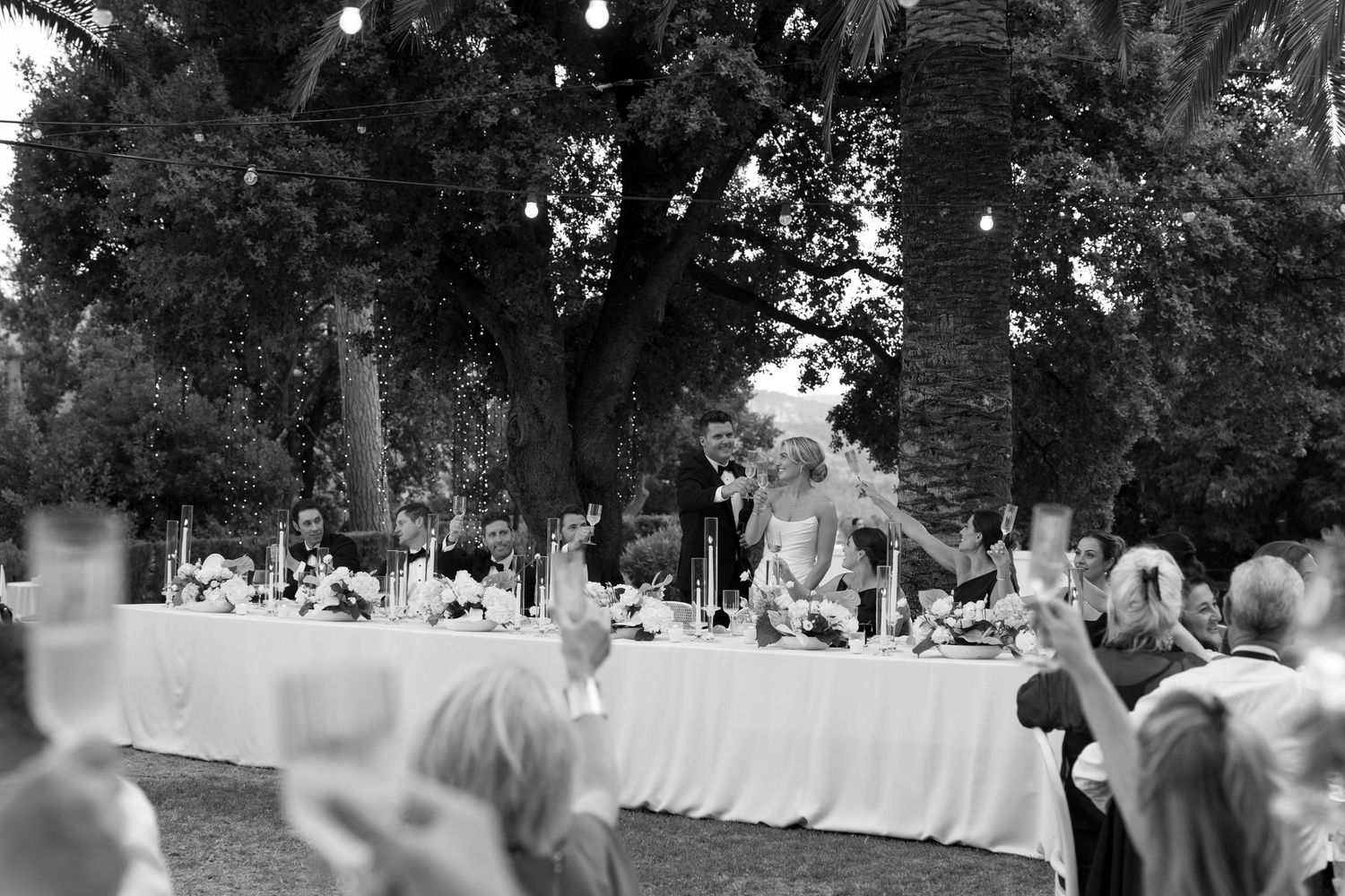 Black and white wedding reception photo with guests raising glasses in a toast outdoors under trees with string lights.