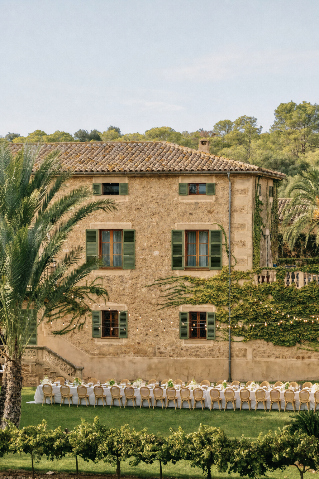 Elegant outdoor wedding reception set up in front of a rustic stone villa surrounded by palm trees and vineyards.