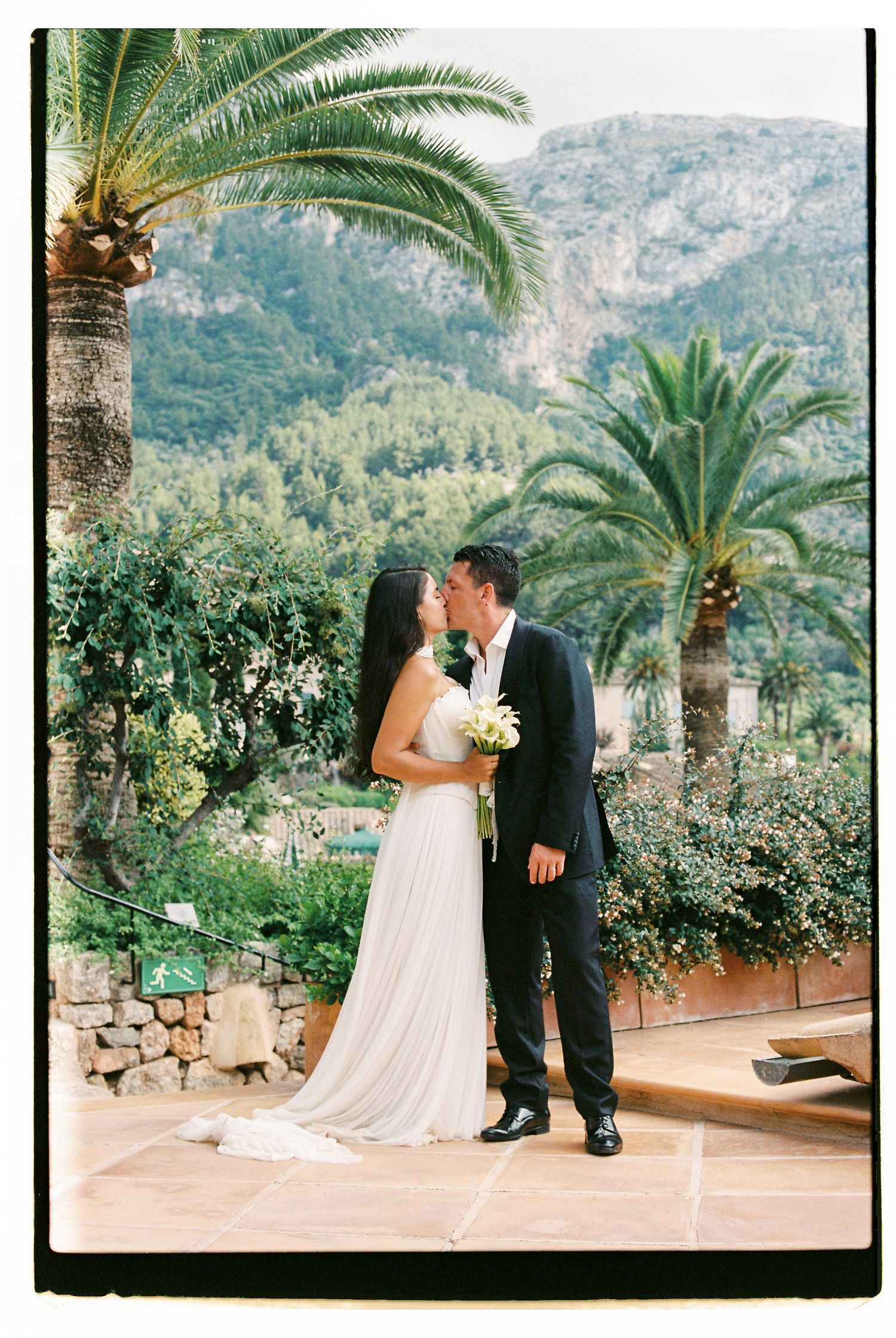 Romantic wedding ceremony with palm trees and mountain backdrop.