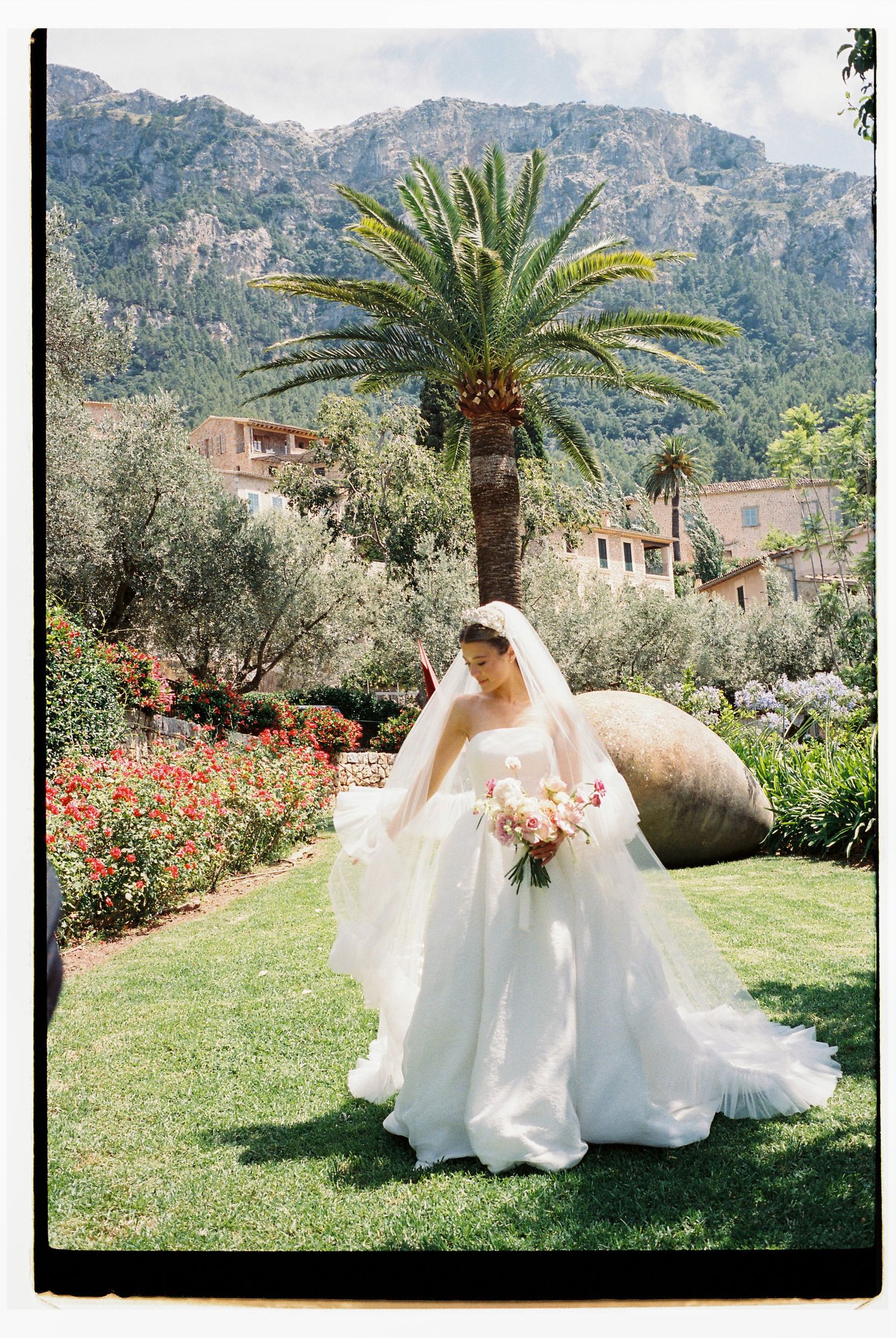 A scenic wedding photoshoot in a Mediterranean garden with mountains, palm trees and red flowers in the background.