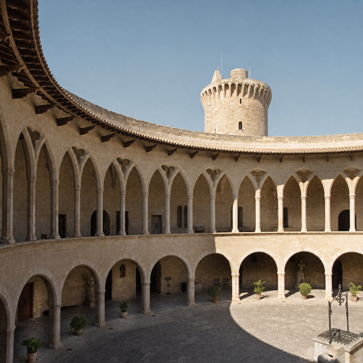 Circular courtyard of Bellver Castle in Palma, Mallorca, featuring Gothic arches, colonnades, and a round tower under clear blue sky.