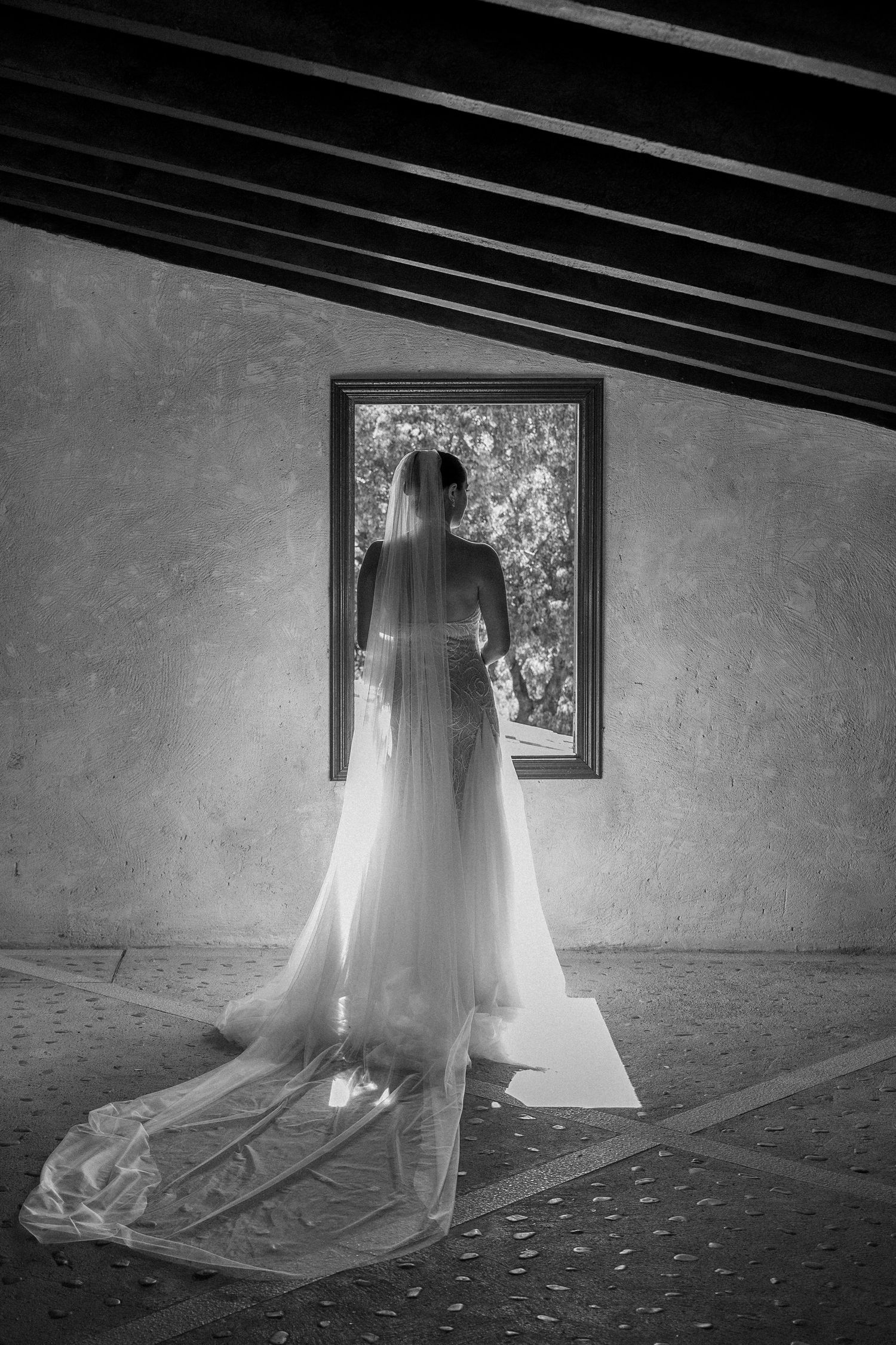 Wedding dress and veil displayed in dramatic black and white sequence against textured wall.