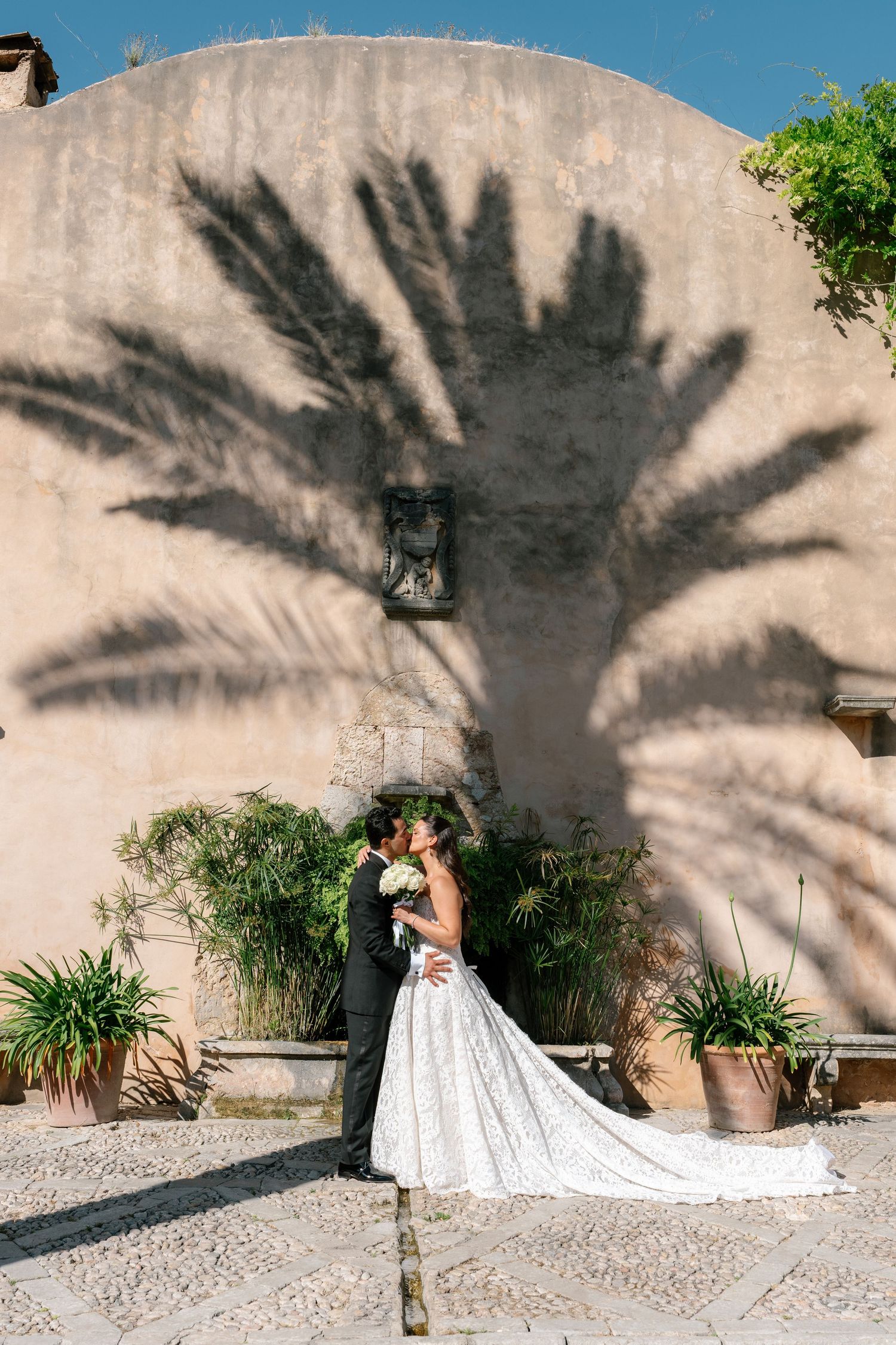 Bride and groom share a romantic kiss in front of a sunlit wall with a dramatic palm tree shadow.