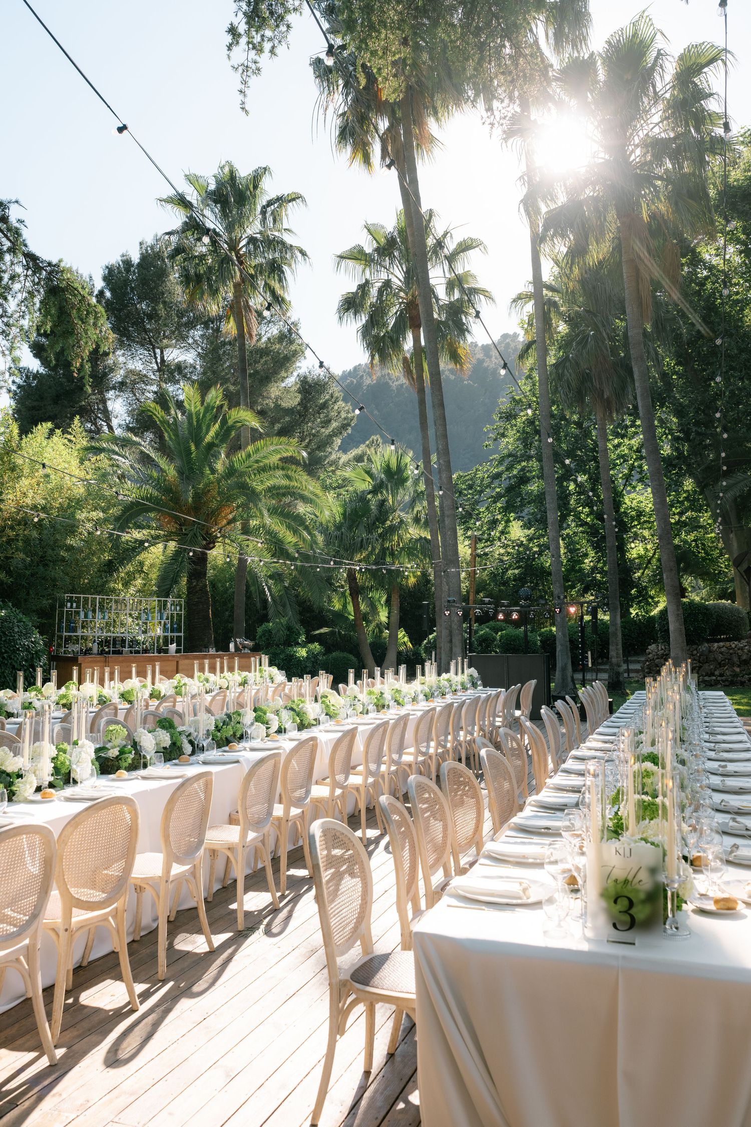 Elegant outdoor wedding reception with long white tables, rattan chairs, and lush palm trees in sunlit garden setting.