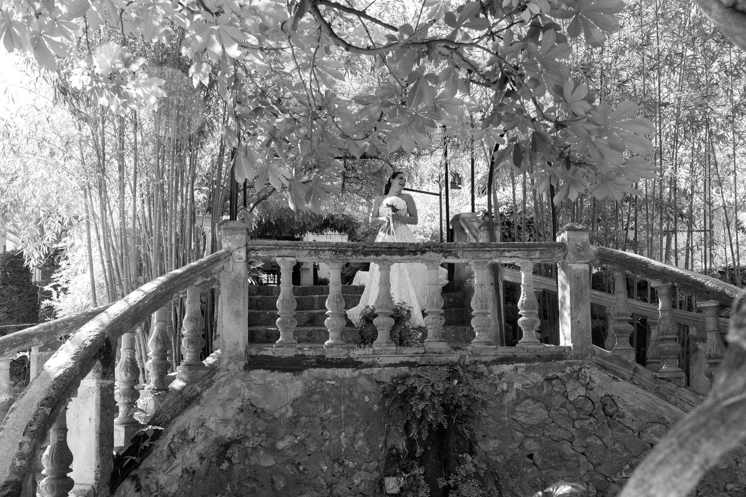 Black and white photo of a person standing on an ornate stone bridge surrounded by lush trees.
