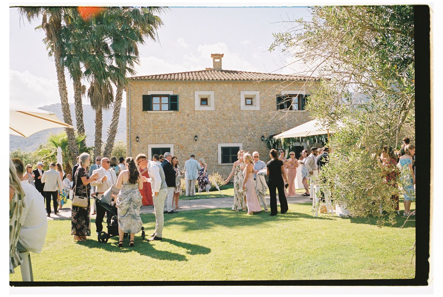Panoramic view of a Mediterranean-style venue with palm trees and stone architecture.