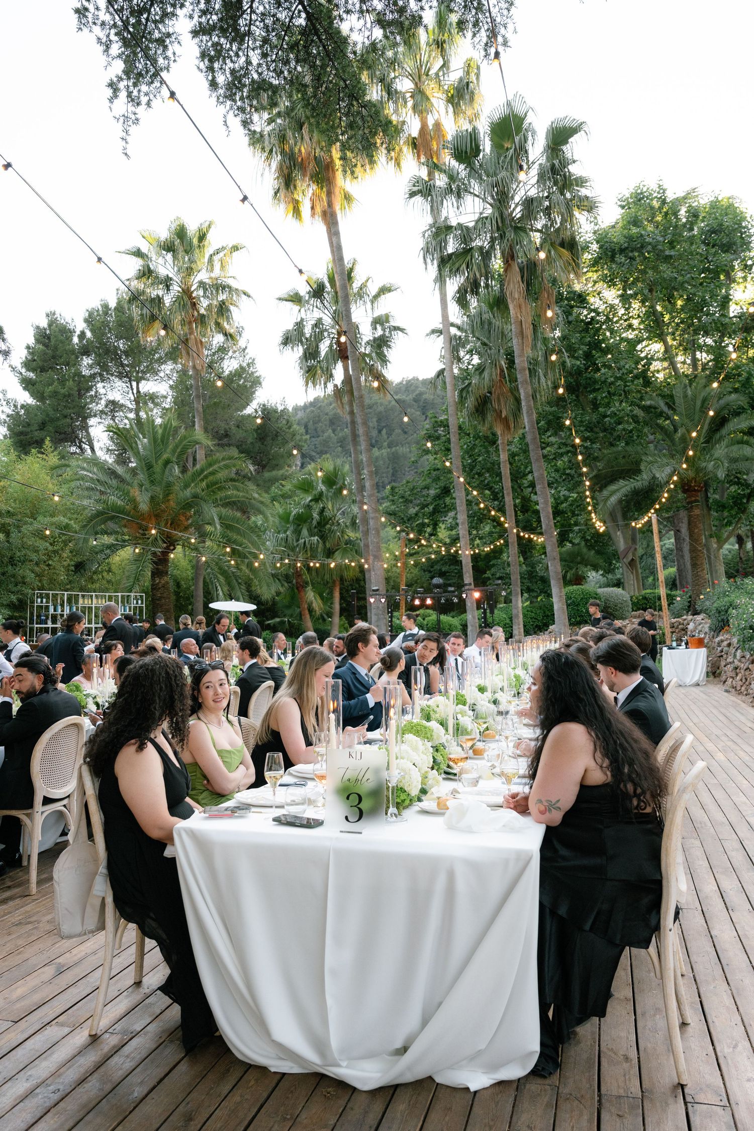 Outdoor wedding reception dinner under string lights surrounded by tall palm trees on a wooden deck.