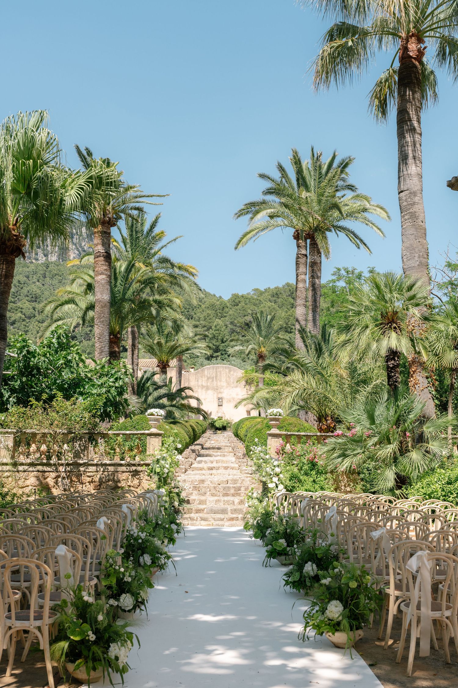 Elegant outdoor wedding aisle lined with floral arrangements, wooden chairs, and tall palm trees under a clear blue sky.