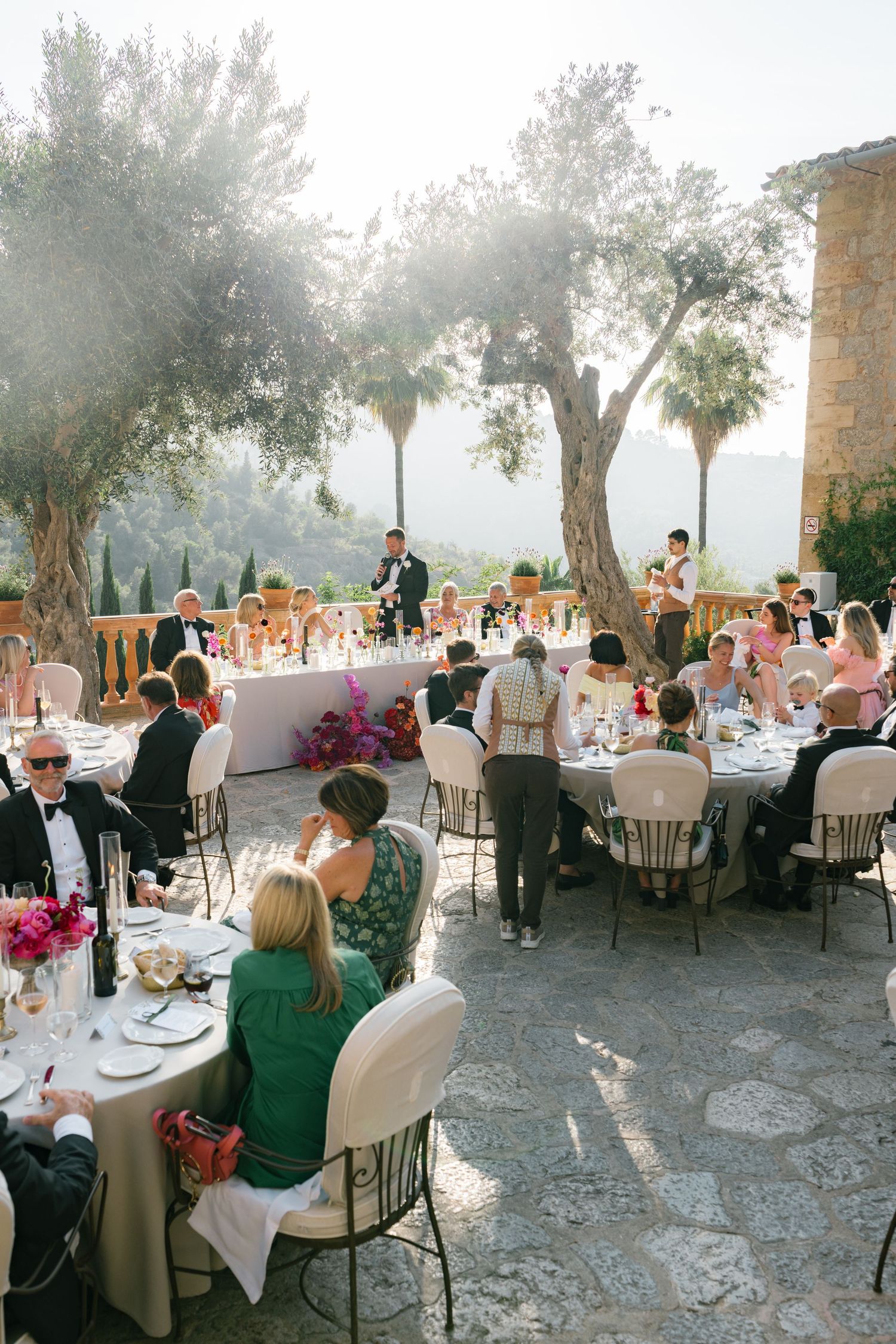 Guests enjoying an elegant outdoor reception under palm trees with mountain views.