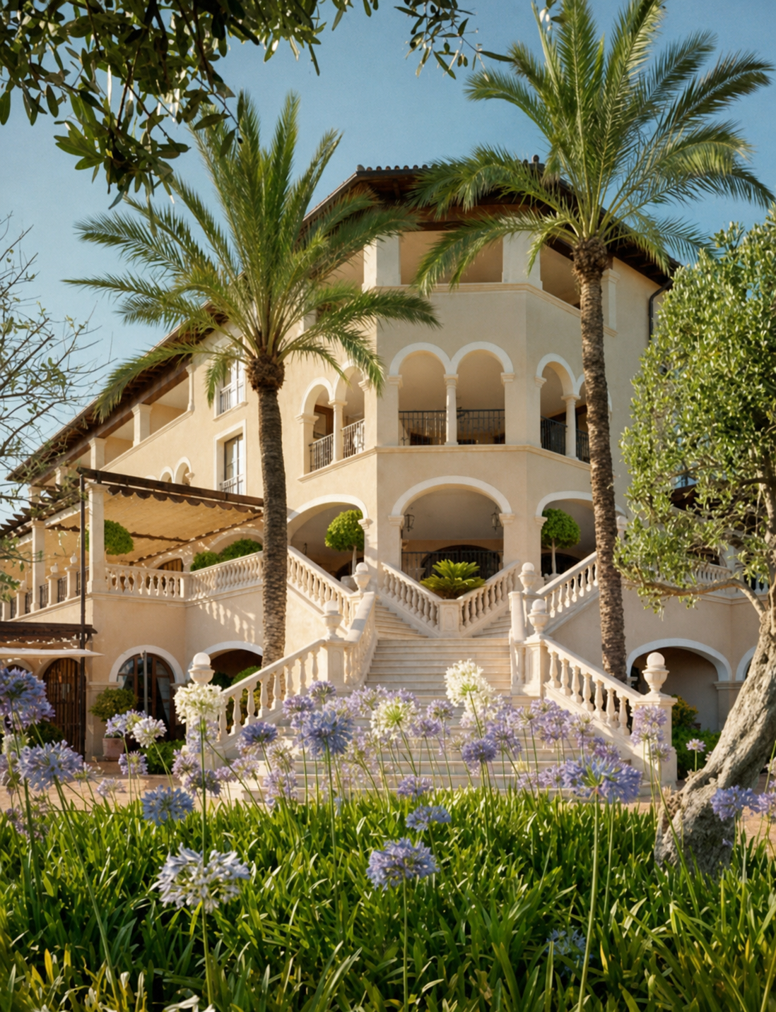 St. regis Mardavall. Elegant Mediterranean villa with grand white staircase, purple agapanthus flowers, and tall palm trees.