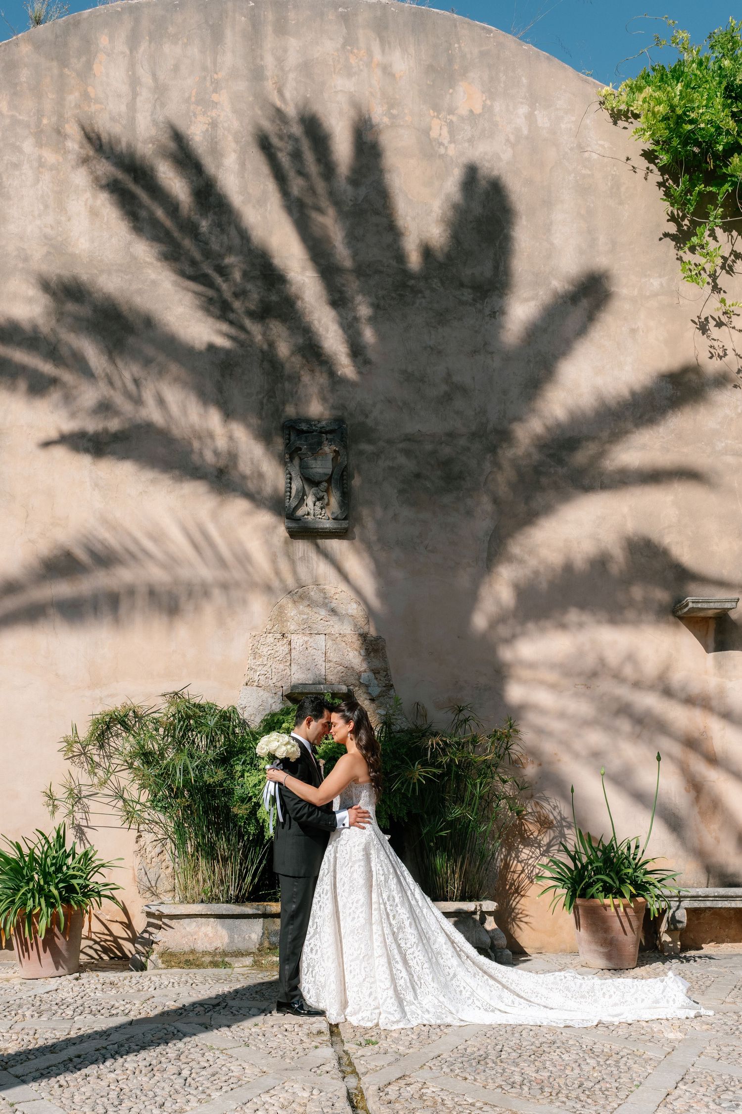 Bride and groom embracing before a sunlit wall with a dramatic palm tree shadow at an outdoor wedding venue.