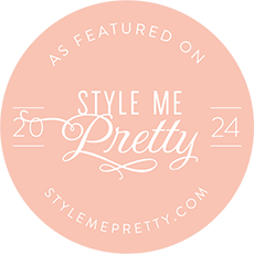Pink oval badges featuring Style Me Pretty website branding and recognition.