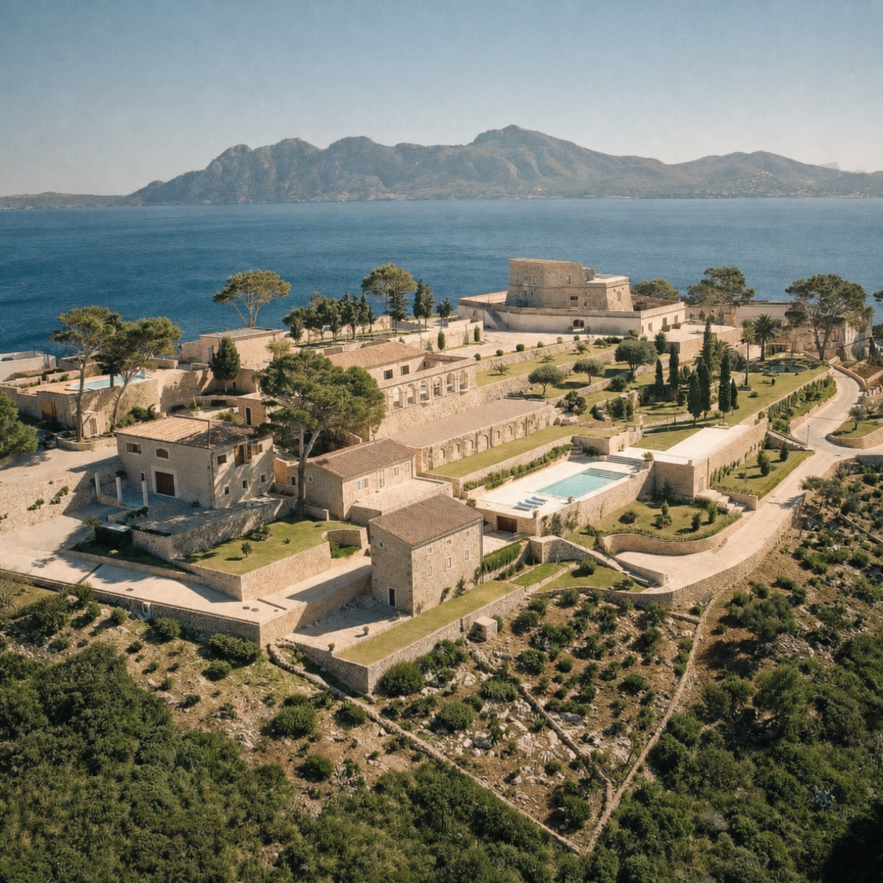 Aerial view of a luxury Mediterranean estate La Fortaleza with stone buildings, pool, lush gardens, and stunning sea and mountain backdrop.