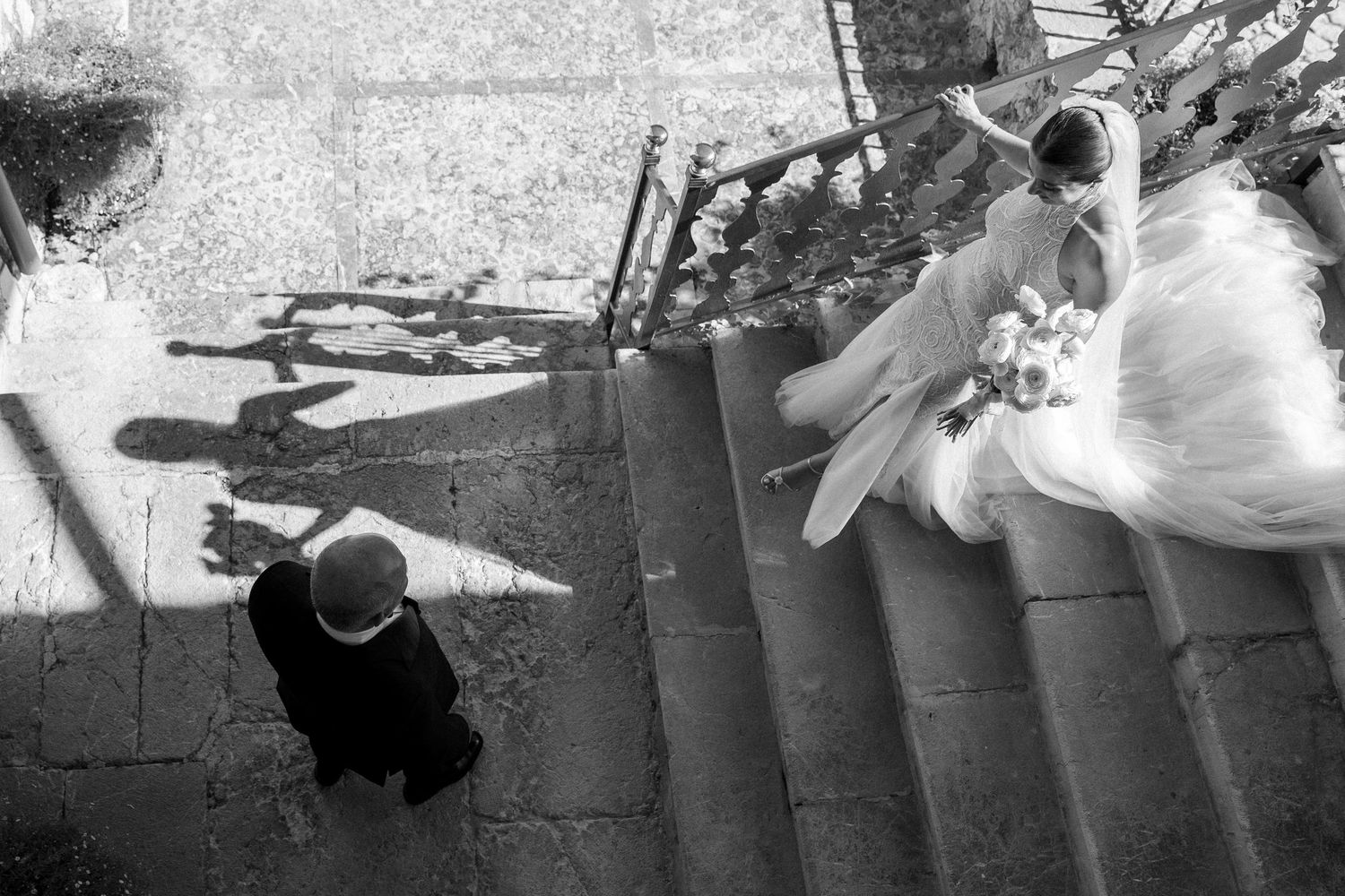 Emotional first look moment between bride and her father at Finca Comassema, Mallorca, captured before the wedding ceremony.