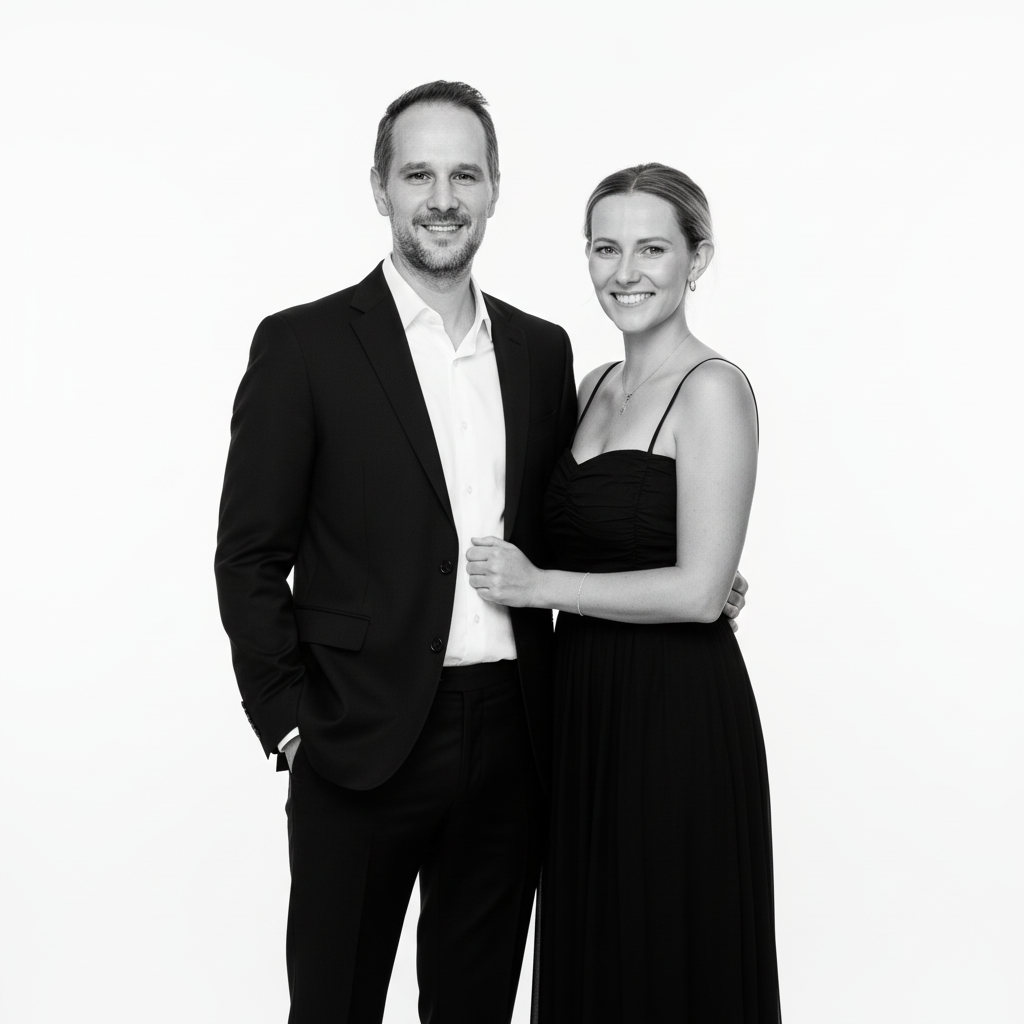 A couple in formal black attire poses together against a white background in a studio portrait.