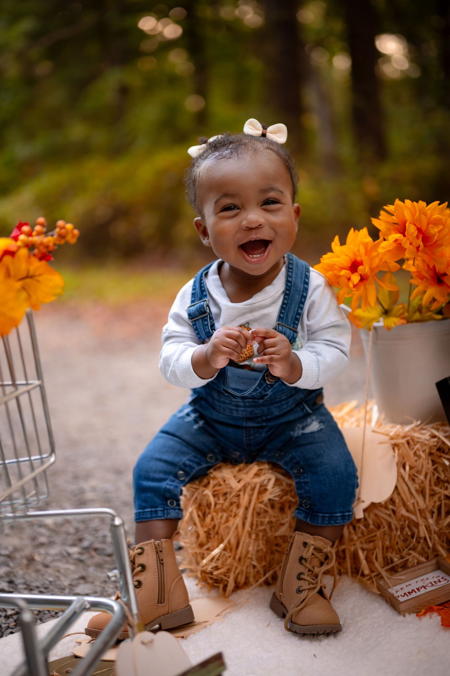 Toddler girl smiling in denim overalls with pumpkins, Chesapeake VA fall mini photographer.