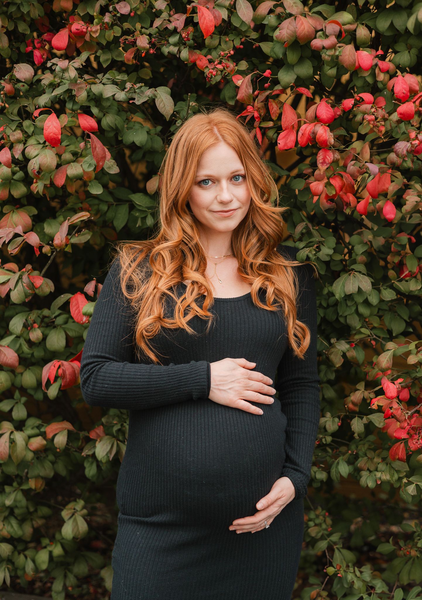 maternity session mom wearing a black dress standing in front of a burning bush while holding her belly