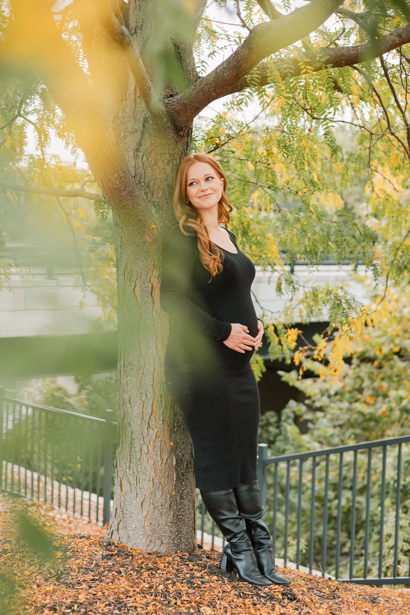 fall maternity leaning against tree